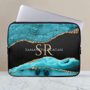 Teal Zwart en Goud Agaat, DIY Naam & Monogram Vs3 Laptop Sleeve