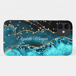Teal, Zwart en Goud Agaat, Grote Gouden Sterren, N Case-Mate iPhone Case