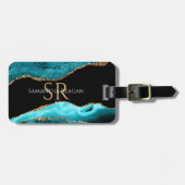 Teal Zwart & Goud Agate, DIY Naam & Monogram Bagagelabel (Voorkant horizontaal)