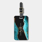Teal Zwart & Goud Agate, DIY Naam & Monogram Bagagelabel (Voorkant verticaal)