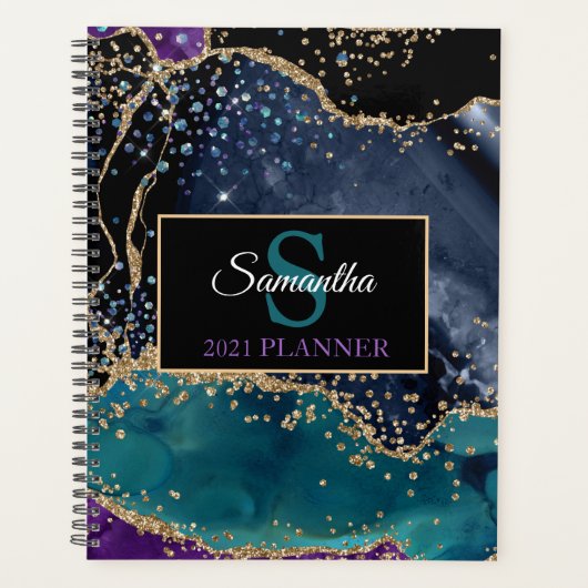 Teal Zwart Goud Agate Monogram Moderne Luxe Planner (Voorkant)