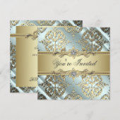 Teal Zwart Goud Damast Feest Kaart (Voorkant / Achterkant)