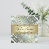 Teal Zwart Goud Damast Feest Kaart (Staand voorkant)