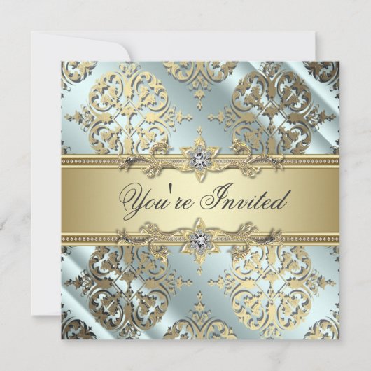 Teal Zwart Goud Damast Feest Kaart (Voorkant)