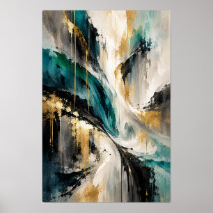 Teal Zwart Goud Zwaiende Convergentie Abstracte Mu Poster