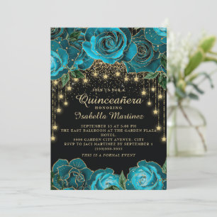 Teal Zwart Gouden Slingerlicht Ster Quinceañera   Kaart