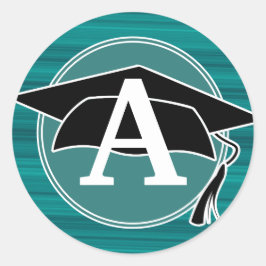 Teal Zwart Wit Afstudeerhoed Monogram Initiaal Ronde Sticker