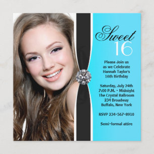 Teal Zwart Wit Foto Sweet 16 Verjaardagsfeestje Kaart