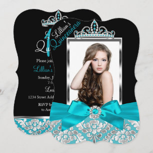 Teal Zwarte Damast & Tiara Foto Quinceanera Uitnod Kaart