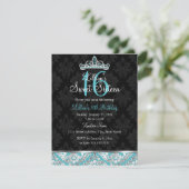 Teal Zwarte Damast & Tiara Sweet 16 Uitnodiging (Staand voorkant)
