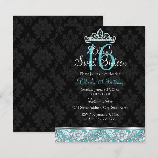 Teal Zwarte Damast & Tiara Sweet 16 Uitnodiging (Voorkant / Achterkant)