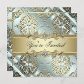 Teal Zwarte Gouden Damast Feest Kaart (Voorkant / Achterkant)