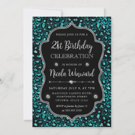 Teal & Zwarte Luipaard Vlekken Glitter Frame Verja Kaart