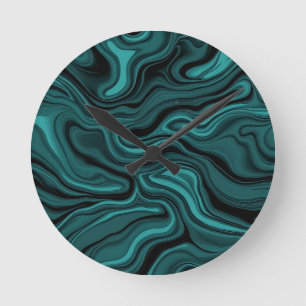 Teal Zwarte Marmer Werveling Abstracte Vloeibare G Ronde Klok