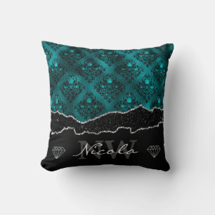 Teal & Zwarte Ombre Glam Glitter Damast Monogram Kussen