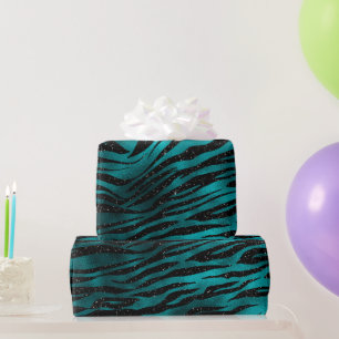 Teal & Zwarte Ombre Glam Glitter Tijgerstrepen Cadeaupapier