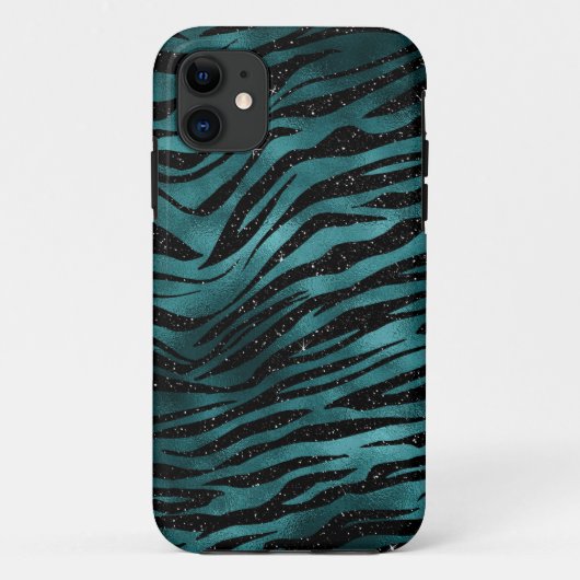 Teal & Zwarte Ombre Glam Glitter Tijgerstrepen Case-Mate iPhone Case (Achterkant)