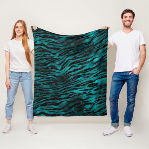 Teal & Zwarte Ombre Glam Glitter Tijgerstrepen Fleece Deken