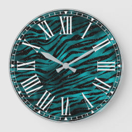 Teal & Zwarte Ombre Glam Glitter Tijgerstrepen Grote Klok