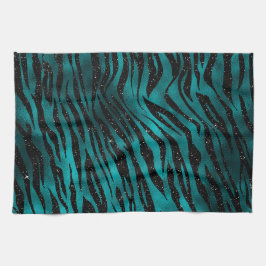 Teal & Zwarte Ombre Glam Glitter Tijgerstrepen Theedoek