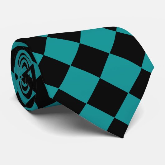 Teal Zwarte Ruit Diamant Patroon Stropdas (Opgerold)
