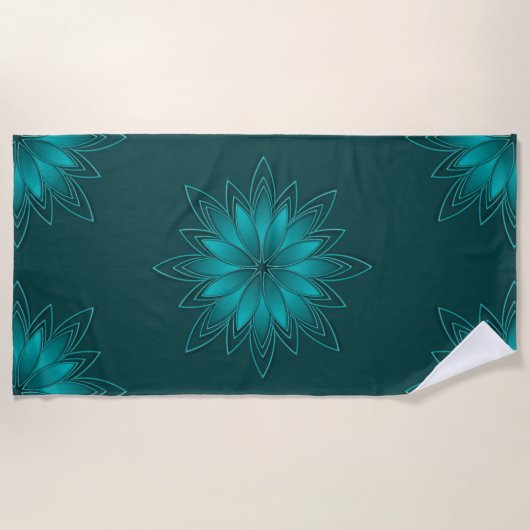Tealblad Mandala Ontwerp op Donker Cyaan Strandlaken (Voorkant)