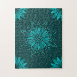 Tealblad-mandaladesign op donker cyaan legpuzzel