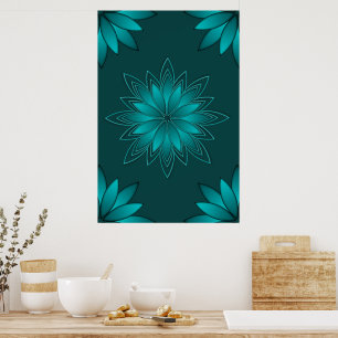 Tealbladvorm Mandala-ontwerp op donker cyaan Poster
