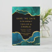 Tealblauw en goud geschilderde agaat Save the Date (Staand voorkant)