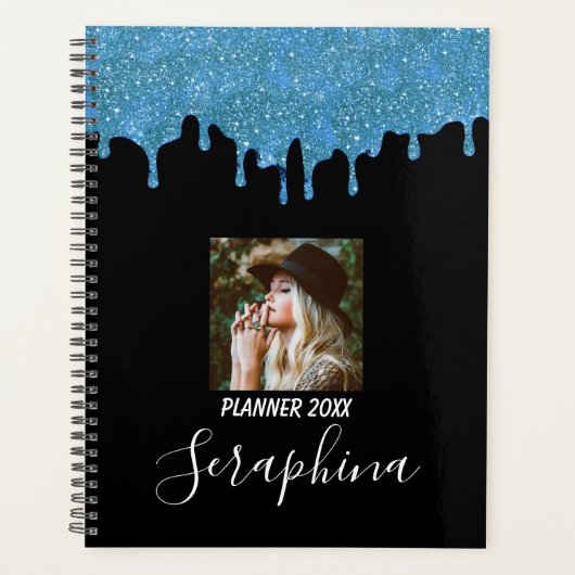 Tealblauw en zwart aangepaste foto glitterslijpsel planner (Voorkant)