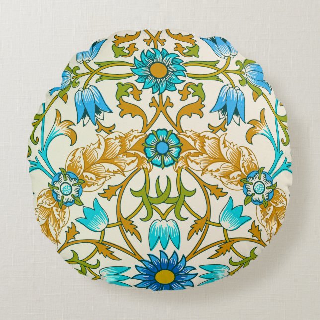 Tealblauw & Mosterd William Morris Wing Kunst  Rond Kussen (Voorkant)
