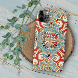 Tealblauw rood licht oranje bloemmozaïekpatroon iPhone 16 pro max hoesje