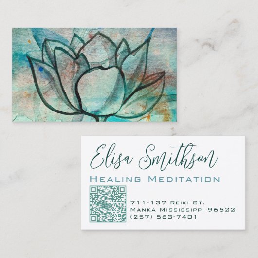    Tealblauwe Aquarel Bloem Elegante Artistieke Lo Visitekaartje (Voorkant / Achterkant)