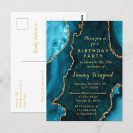 Tealblauwe en gouden agatmarmeren verjaardagsfeest briefkaart