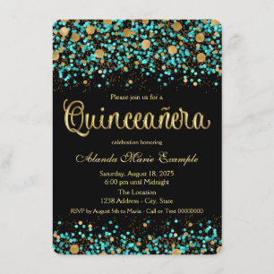 Tealblauwe en gouden Quinceanera Kaart