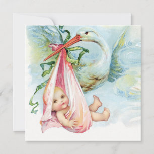 Tealblauwe en roze ooievaar baby shower kaart