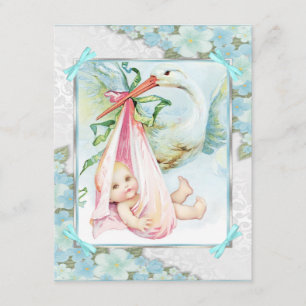 Tealblauwe en roze ooievaar baby shower kaart