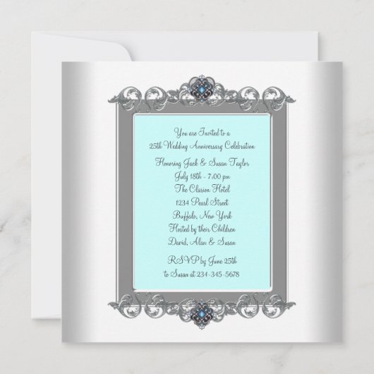 Tealblauwe foto zilveren 25e verjaardagsfeestje kaart (Achterkant)