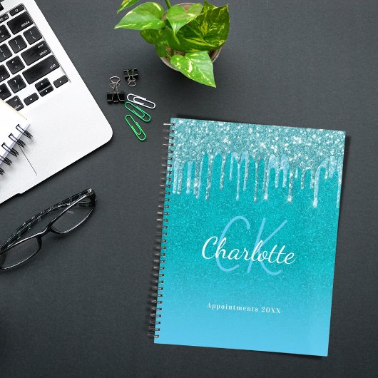 Tealblauwe glitters aquagroene naam planner