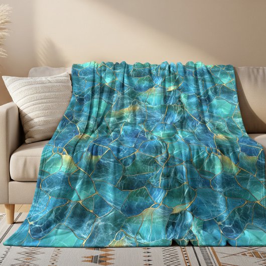 Tealblauwe marmerstructuur met gouden aders fleece deken