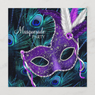 Tealblauwe paarse pauwenmaskeradefeest kaart