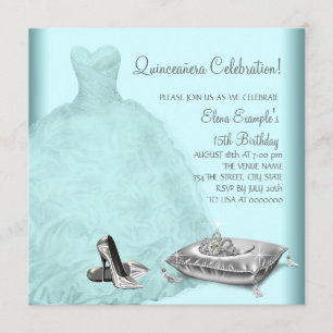 Tealblauwe Quinceanera baljurk hoge hakken Kaart
