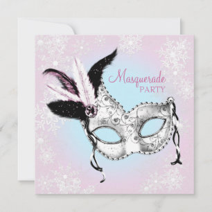 Tealblauwe roze sneeuwvlokmaskeradefeest kaart