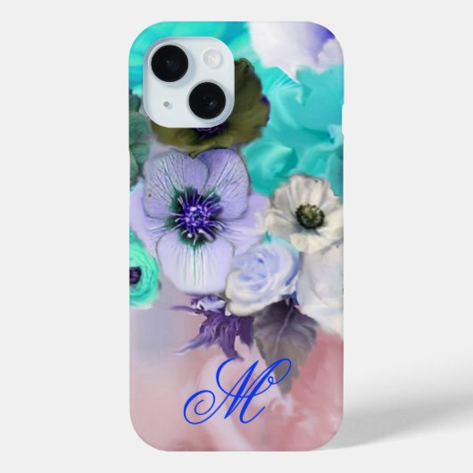 TEALBLAUWE ROZEN EN WITTE ANEMONEBLOEMEN MONOGRAM Case-Mate iPhone CASE (Achterkant)