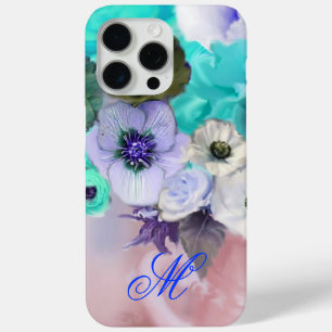 TEALBLAUWE ROZEN EN WITTE ANEMONEBLOEMEN MONOGRAM iPhone 15 PRO MAX HOESJE