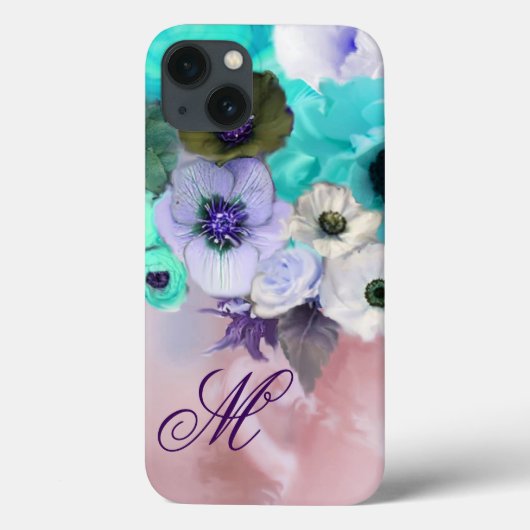 TEALBLAUWE ROZEN, WITTE ANEMONEBLOEMEN MONOGRAM Case-Mate iPhone CASE (Achterkant)