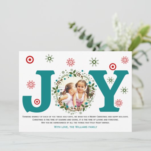 Tealblauwe Vreugde, kerst bloemenkrans foto Feestdagenkaart (Staand voorkant)