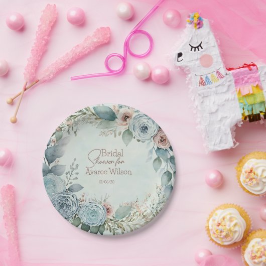 Tealblauwe Waterverf Bloemen Bruiloft Papieren Bordje (Feest)