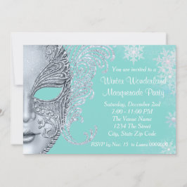 Tealblauwe Winter Wonderland Maskerade Feest Kaart