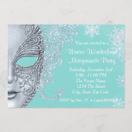 Tealblauwe Winter Wonderland Maskerade Feest Kaart